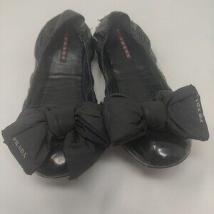 AUTHENTIC PRADA 3F5083 Black Ballet Flats With Large Poofy Bow shoes Size 39.5